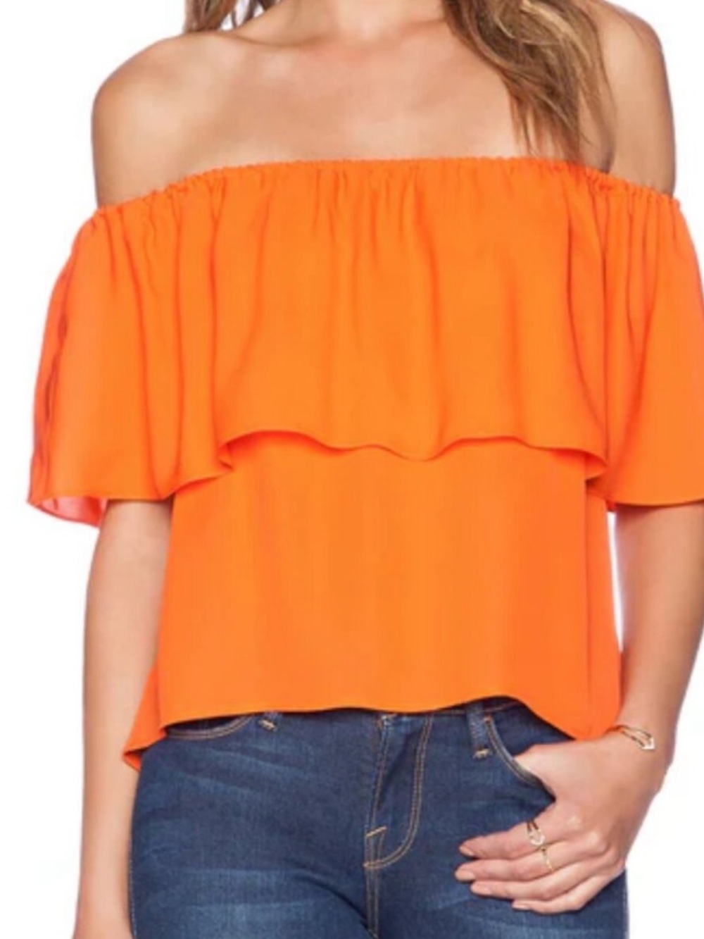 Rebecca Minkoff Bright Orange Off-the-Shoulder Ruffle 100% SILK top